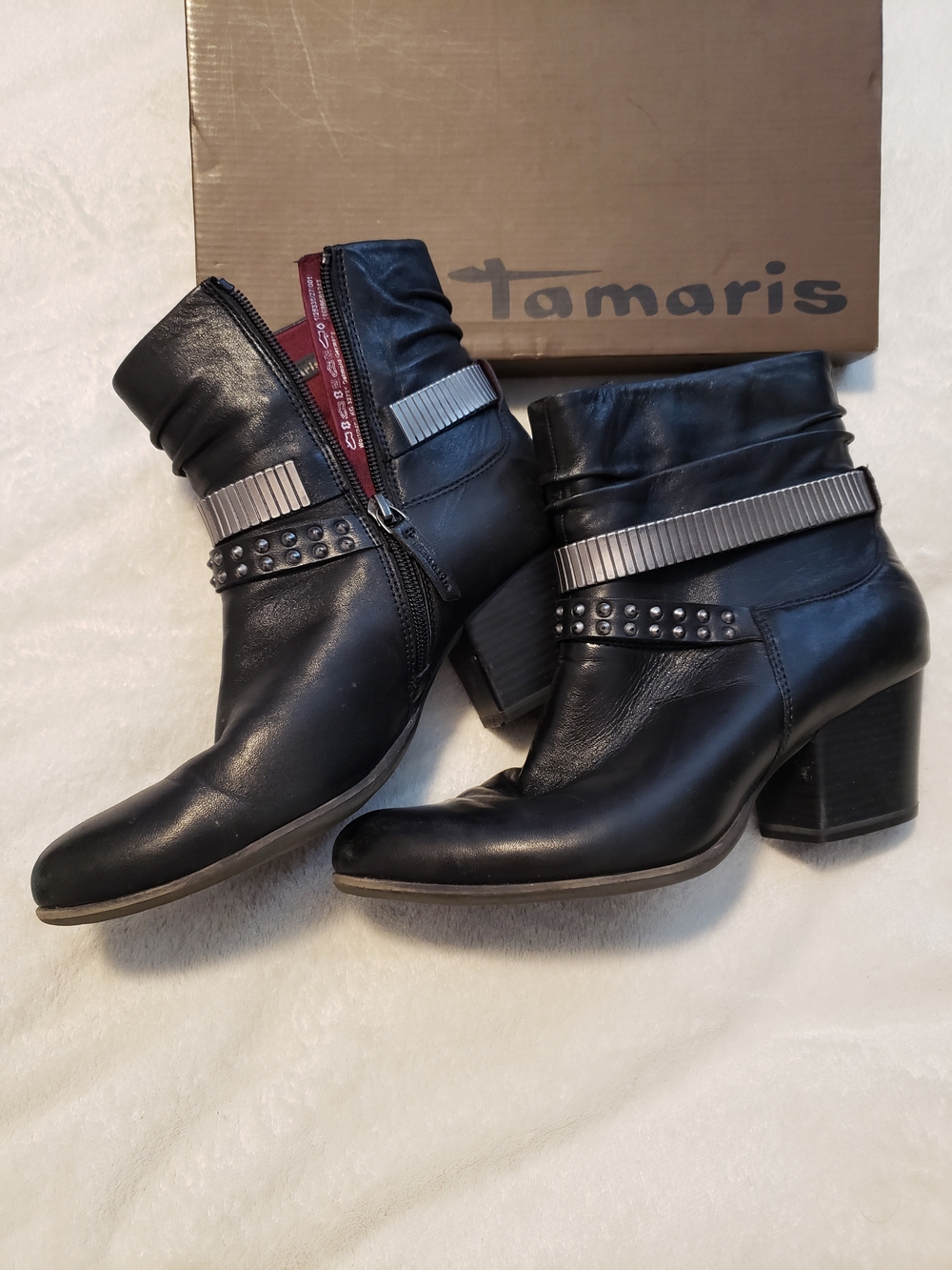Tamaris Black Leather Studded Block Heel Ankle Boots In Size 40